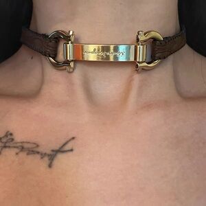Gold Bar Choker with Brown Leather Strap